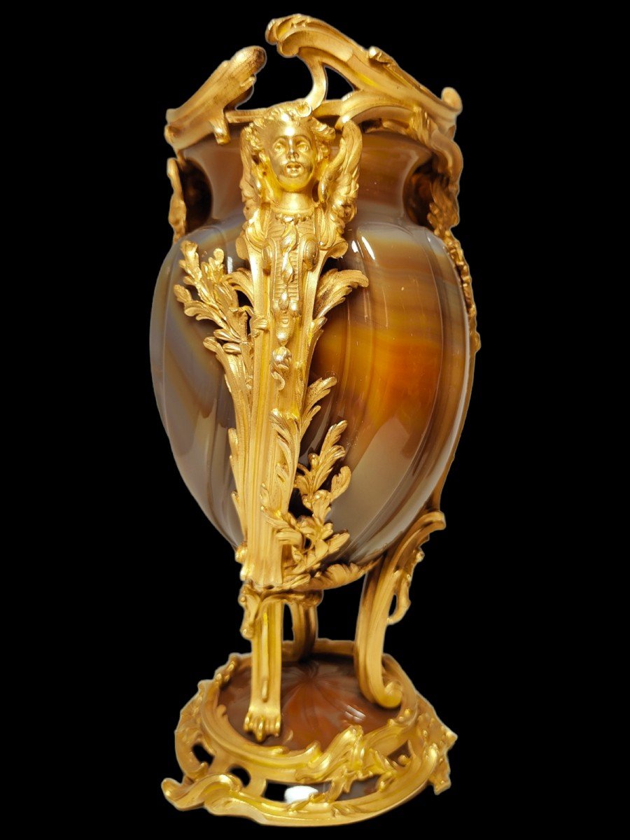 Exceptionnel Vase Français En Bronze Doré Et Agathe-photo-2