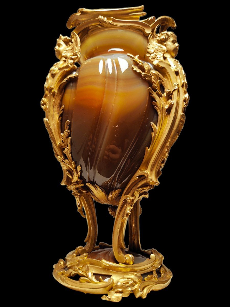 Exceptionnel Vase Français En Bronze Doré Et Agathe-photo-4