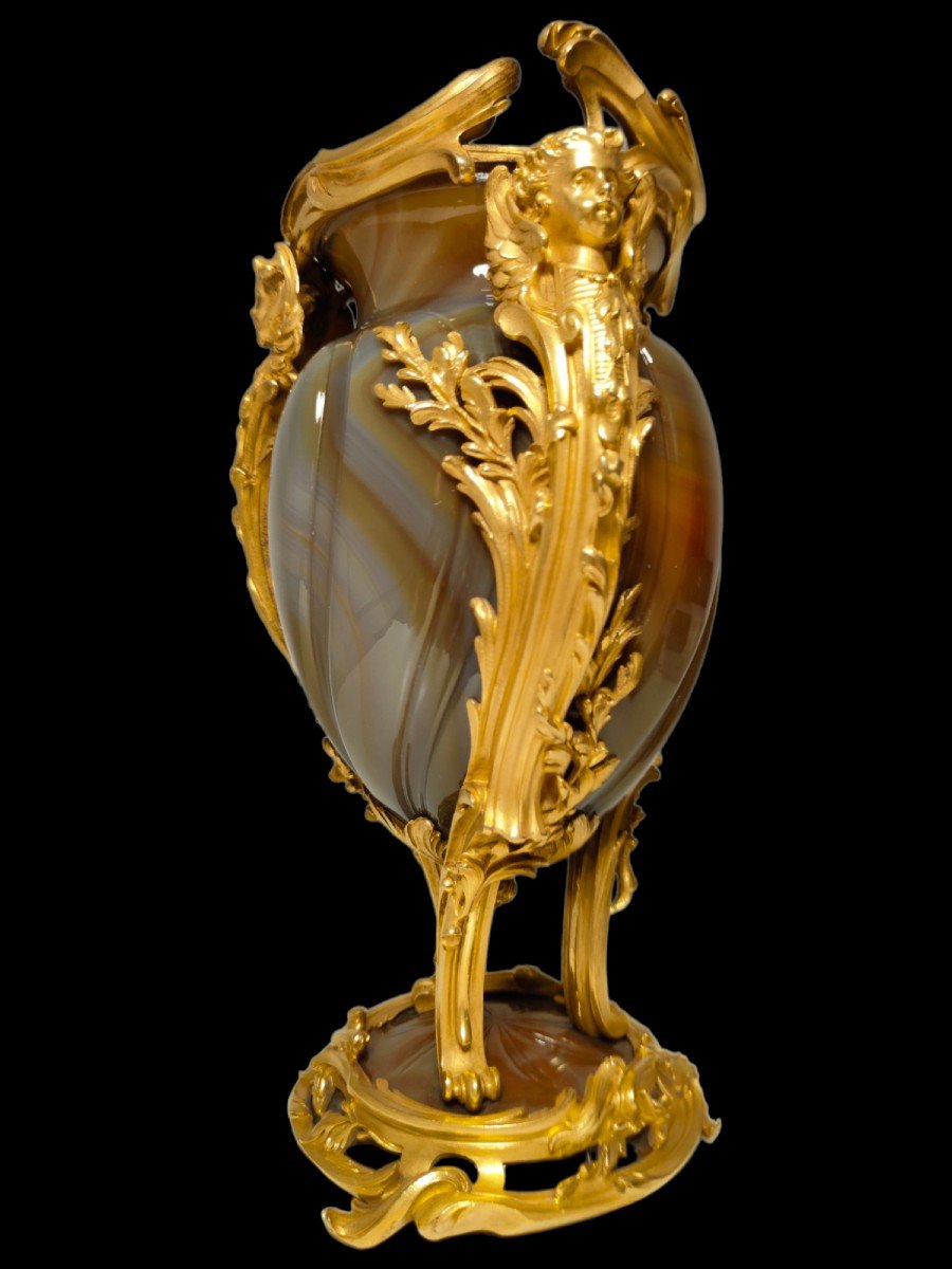 Exceptionnel Vase Français En Bronze Doré Et Agathe-photo-8