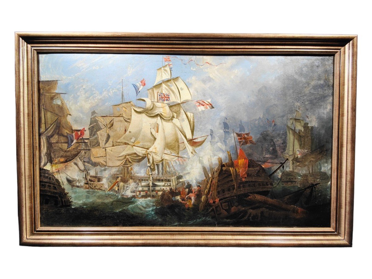 Oil On Canvas With The Battle Of Trafalgar 18th Century-photo-4