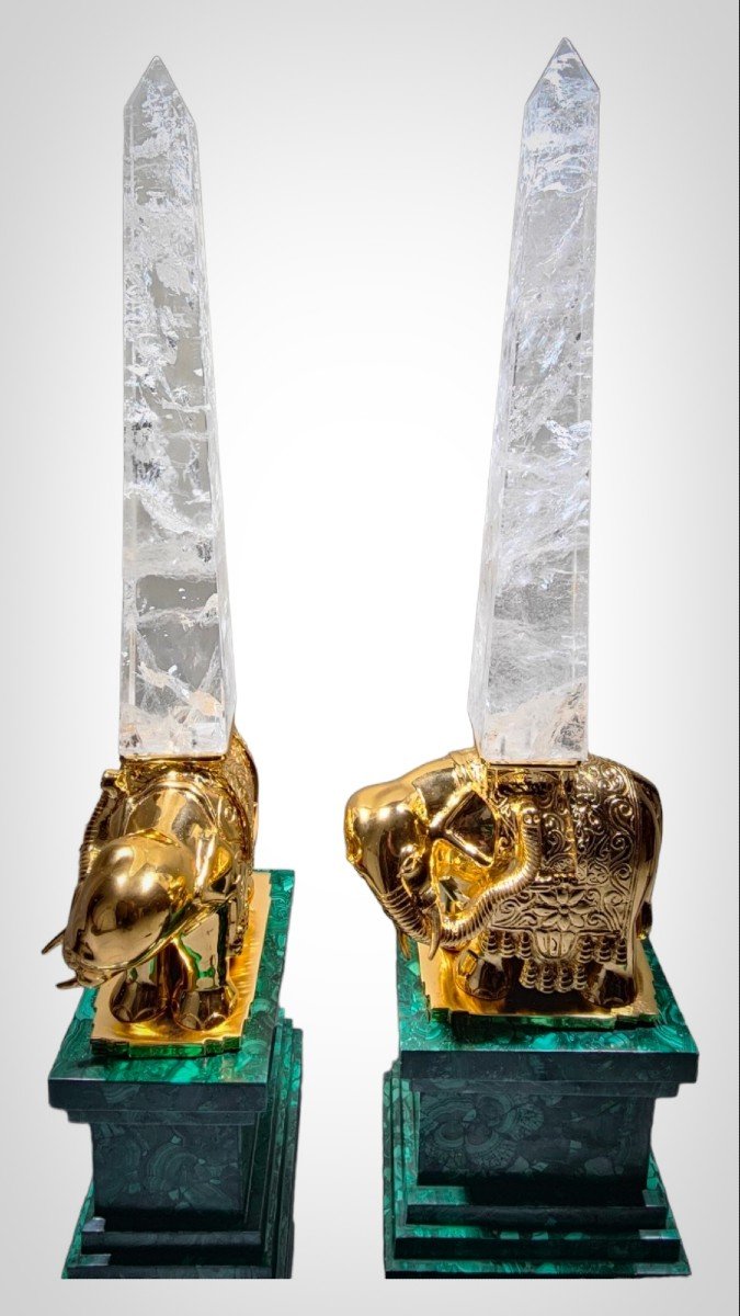 Monumental Malachite Obelisks In Malachite Quartz (rock Crystal) And Gilt Bronze-photo-3