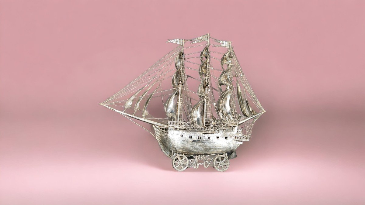 Very Impressive Antique German 19th Century Sterling Silver Model Of A Ship-photo-3