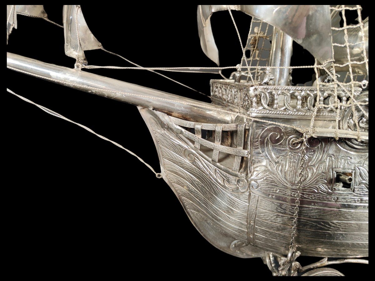 Very Impressive Antique German 19th Century Sterling Silver Model Of A Ship-photo-2