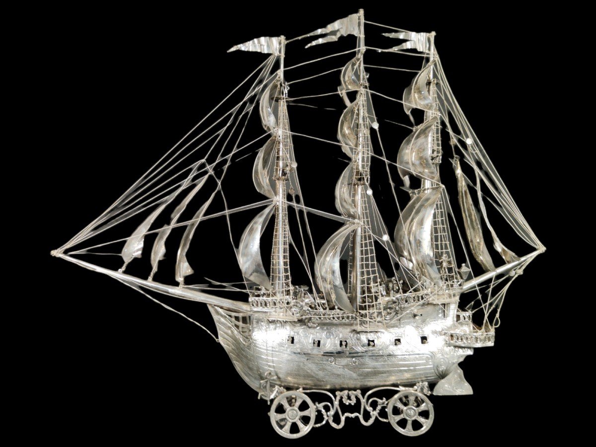 Very Impressive Antique German 19th Century Sterling Silver Model Of A Ship-photo-3