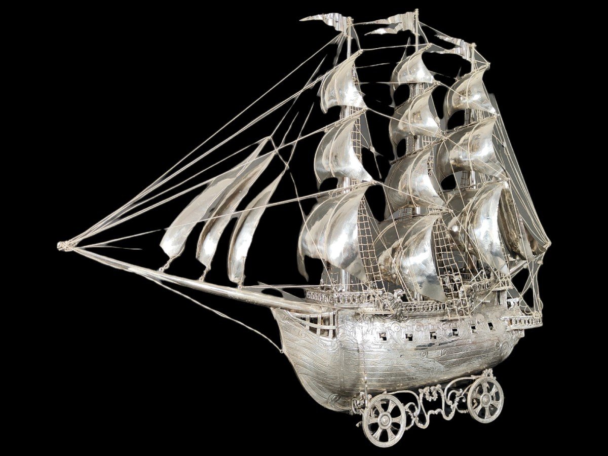 Very Impressive Antique German 19th Century Sterling Silver Model Of A Ship-photo-4