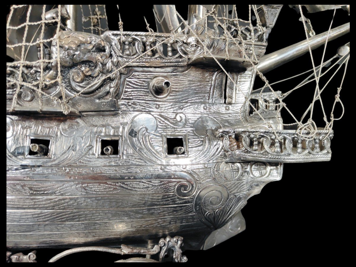 Very Impressive Antique German 19th Century Sterling Silver Model Of A Ship-photo-5