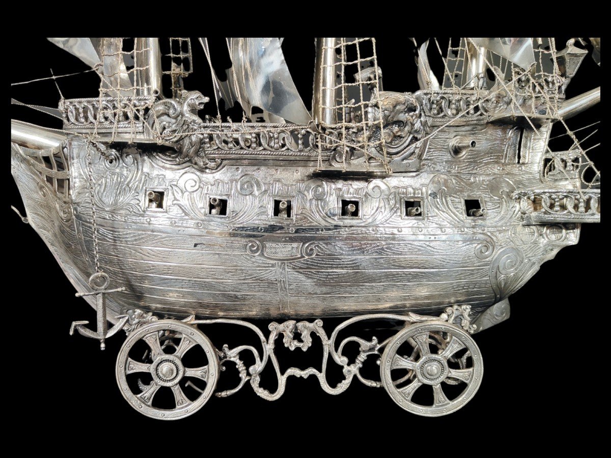 Very Impressive Antique German 19th Century Sterling Silver Model Of A Ship-photo-6