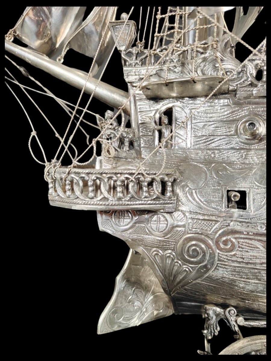 Very Impressive Antique German 19th Century Sterling Silver Model Of A Ship-photo-7