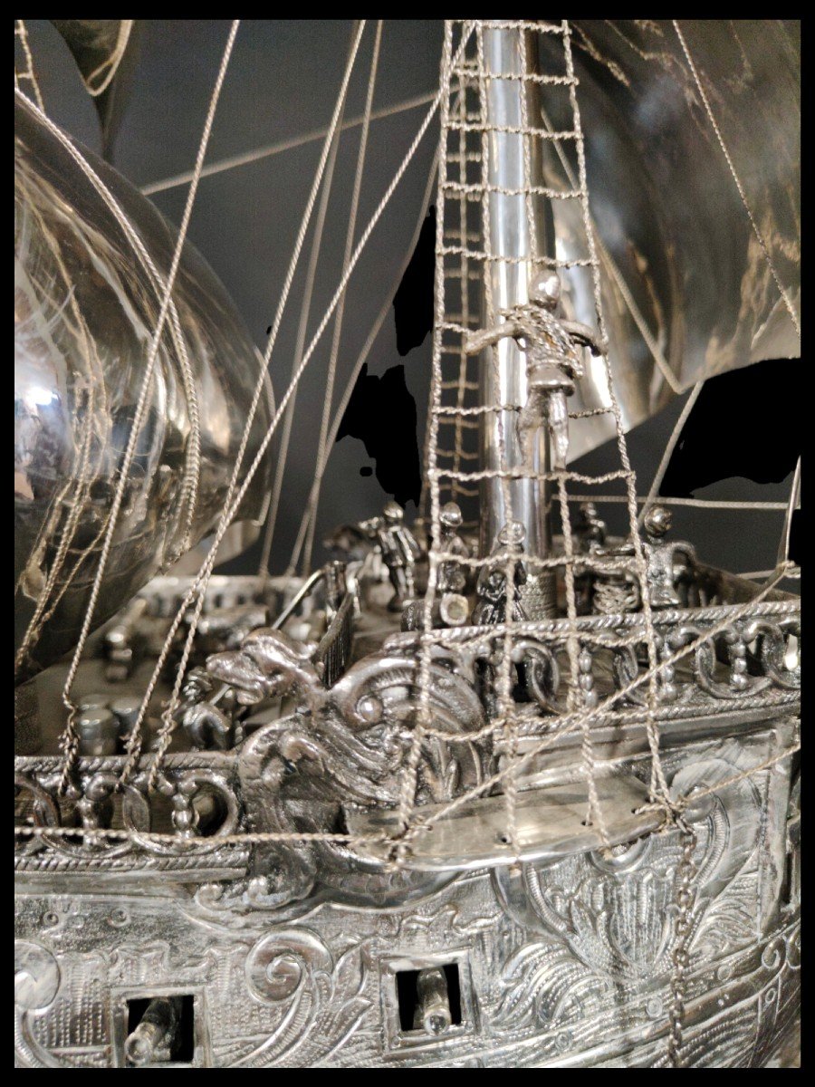 Very Impressive Antique German 19th Century Sterling Silver Model Of A Ship-photo-8