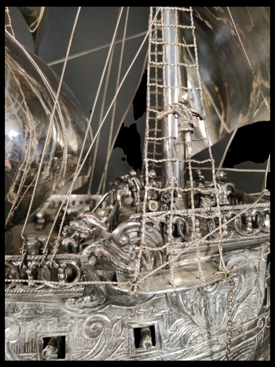 Très Impressionnant Modèle Allemand Antique En Argent Massif Du 19ème Siècle d'Un Navire-photo-8