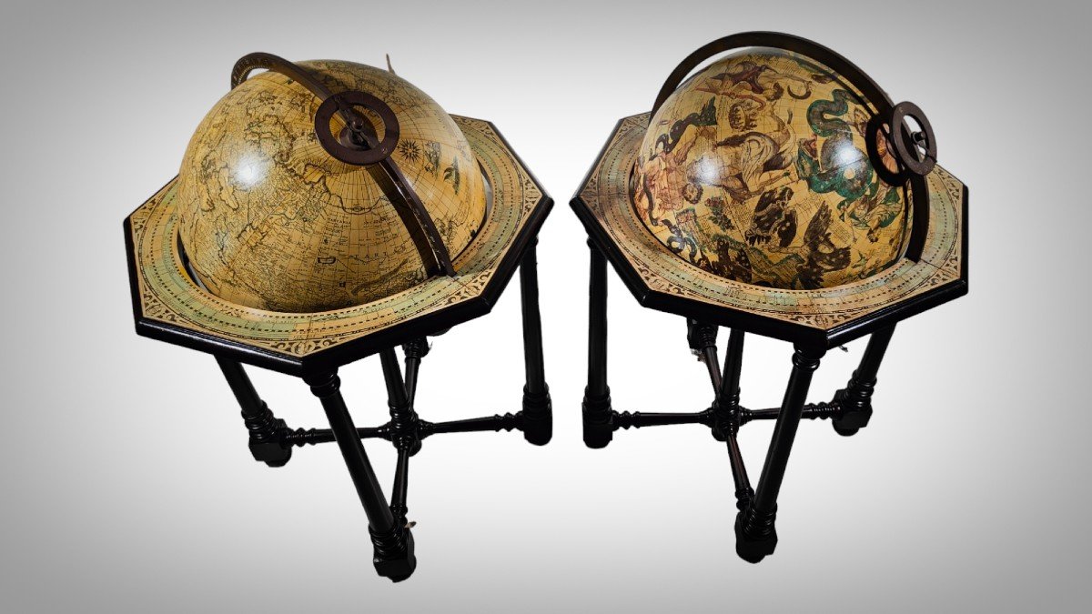 Paire De Grands Globes Antiques De Librairie Italienne-photo-4