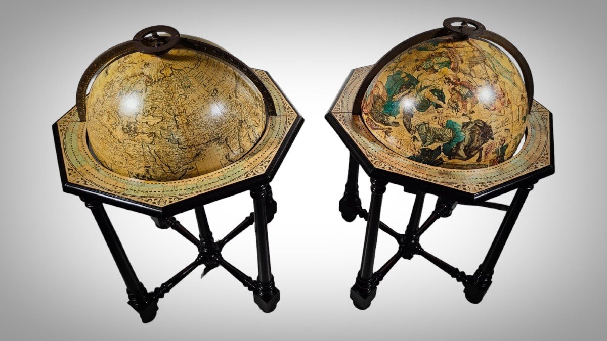 Paire De Grands Globes Antiques De Librairie Italienne-photo-1