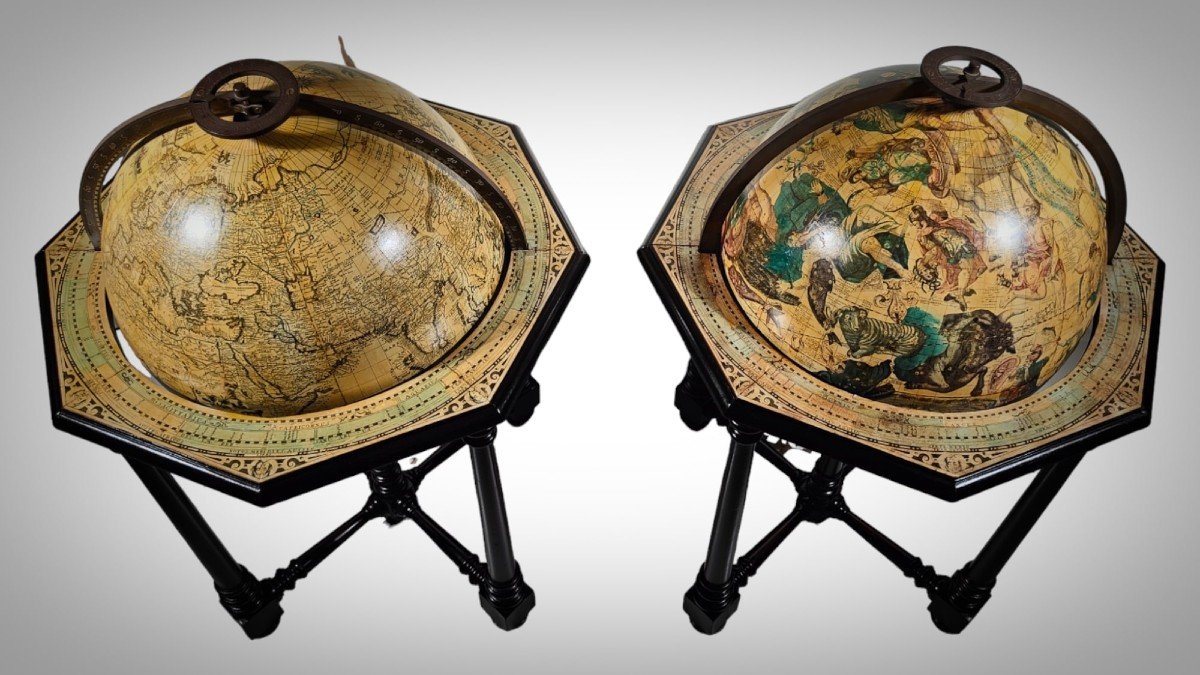 Paire De Grands Globes Antiques De Librairie Italienne-photo-2