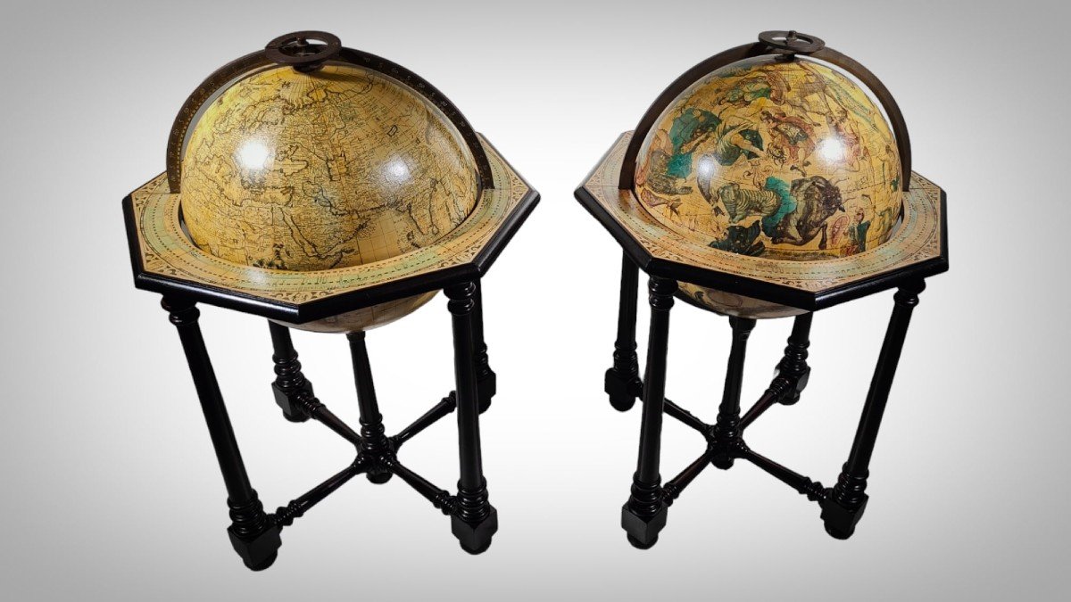 Paire De Grands Globes Antiques De Librairie Italienne-photo-8