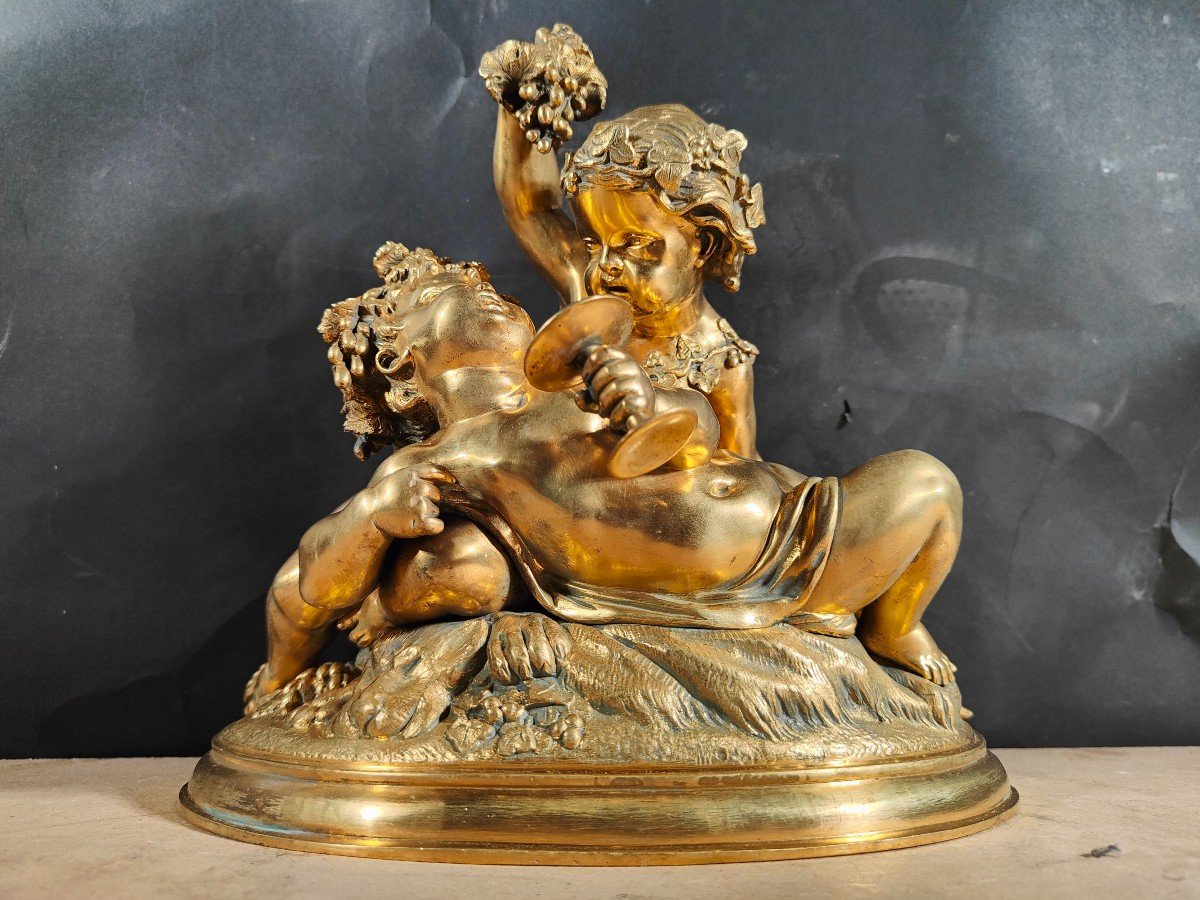Sculpture En Bronze Doré Du XIXe Siècle : Allégorie De La Vendange Avec Deux Enfants-photo-4