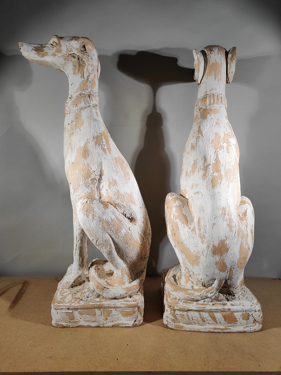 Charming Couple Of Italian Greyhounds: Decorative Statuettes In Carved Solid Wood-photo-6