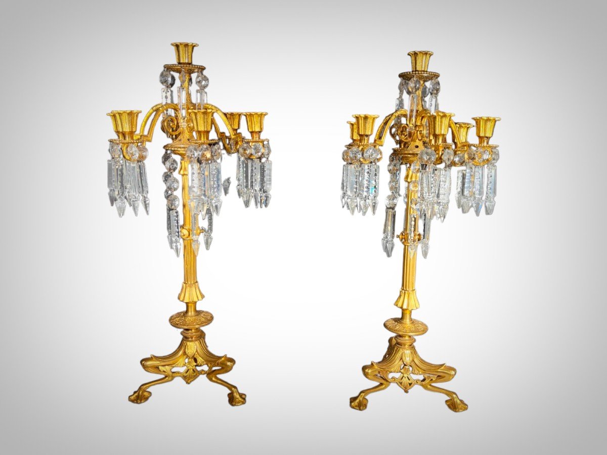 Bougeoirs En Bronze Et Cristal Du XIXe Siècle : élégance Dorée Et Cristaux Taillés-photo-4