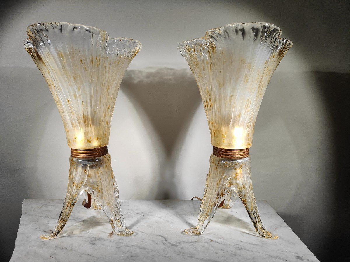 élégante Paire De Lampes De Table En Verre De Murano - Années 70-photo-3