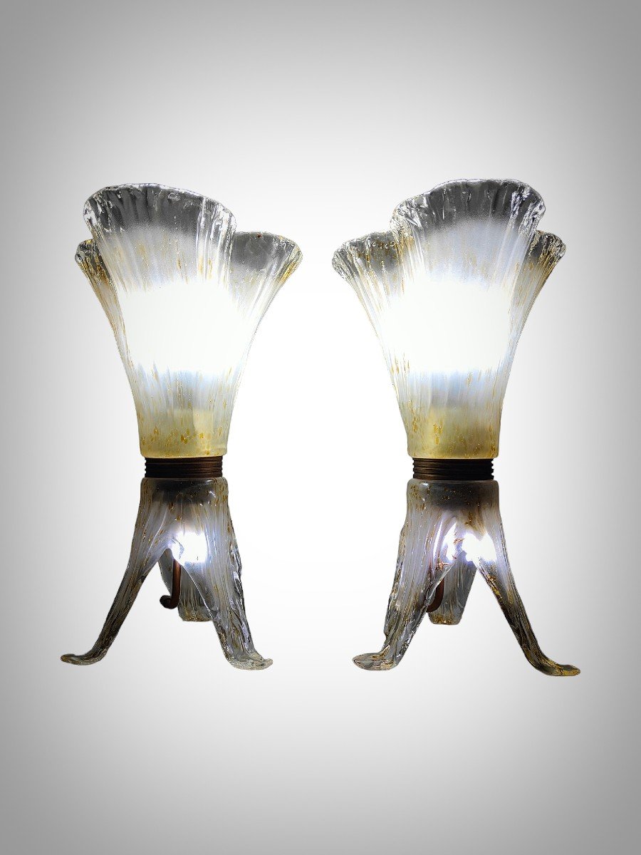 élégante Paire De Lampes De Table En Verre De Murano - Années 70-photo-2