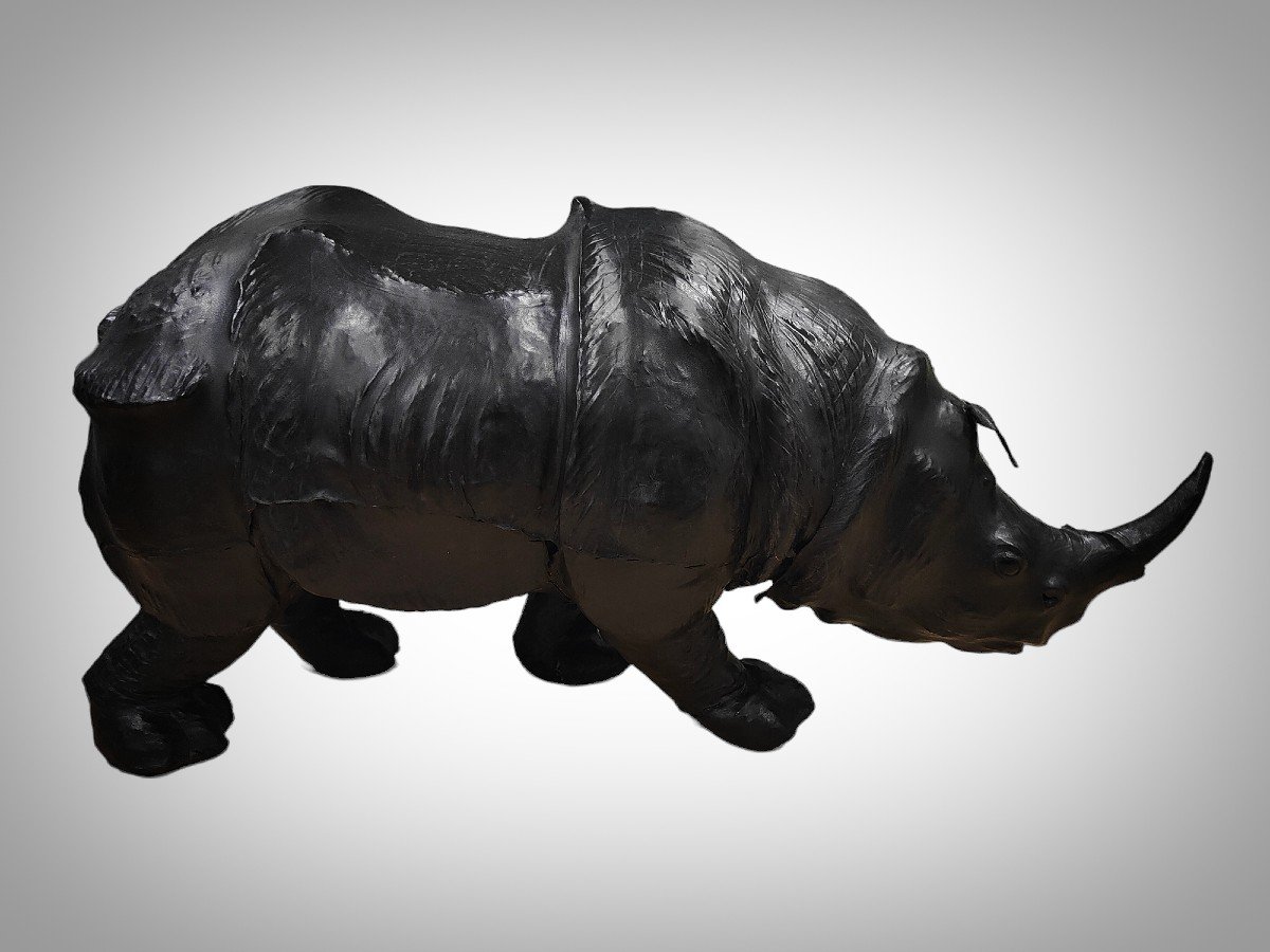 Large Leather Rhinoceros From The 50s - Quality European Decorative Work With Details-photo-1