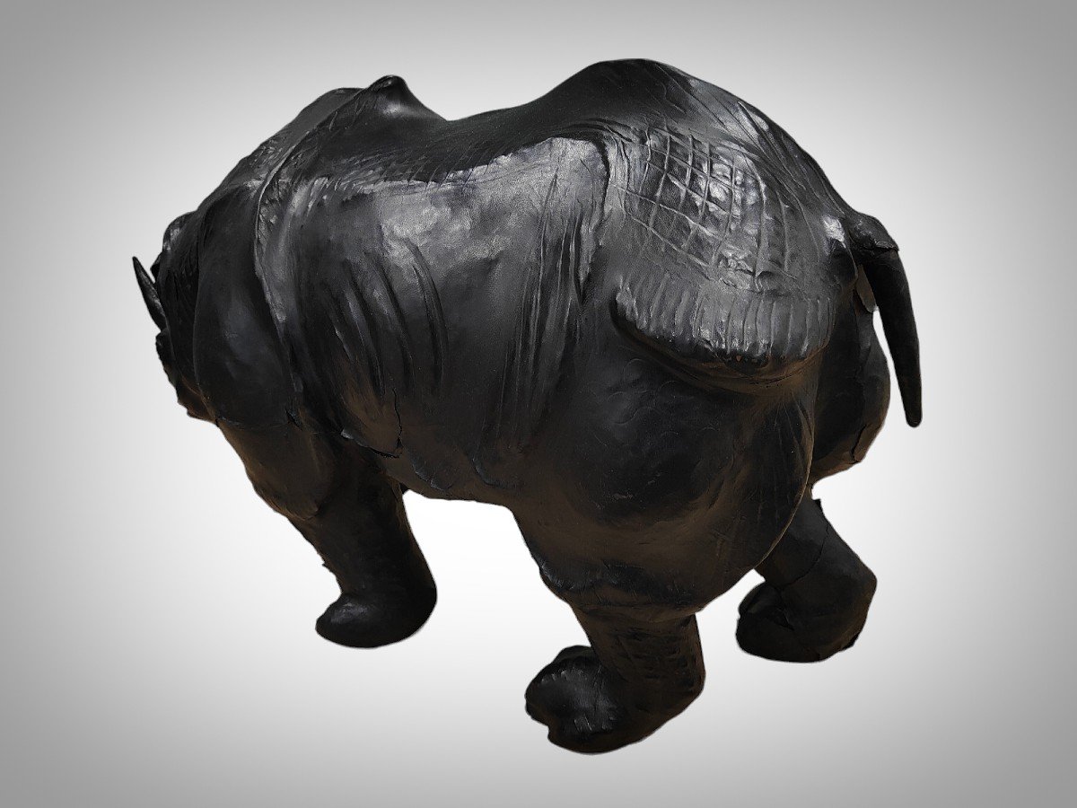 Large Leather Rhinoceros From The 50s - Quality European Decorative Work With Details-photo-3