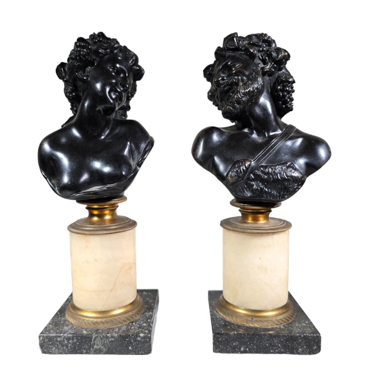 Paire d'Antiques Bustes En Bronze Italien : Dionysos Et Ariane, XIXe Siècle