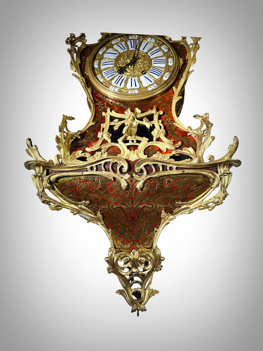  Magnificent Cartel Wall Clock In Boulle Marquetry From The 19th Century, 110 Cm High-photo-2