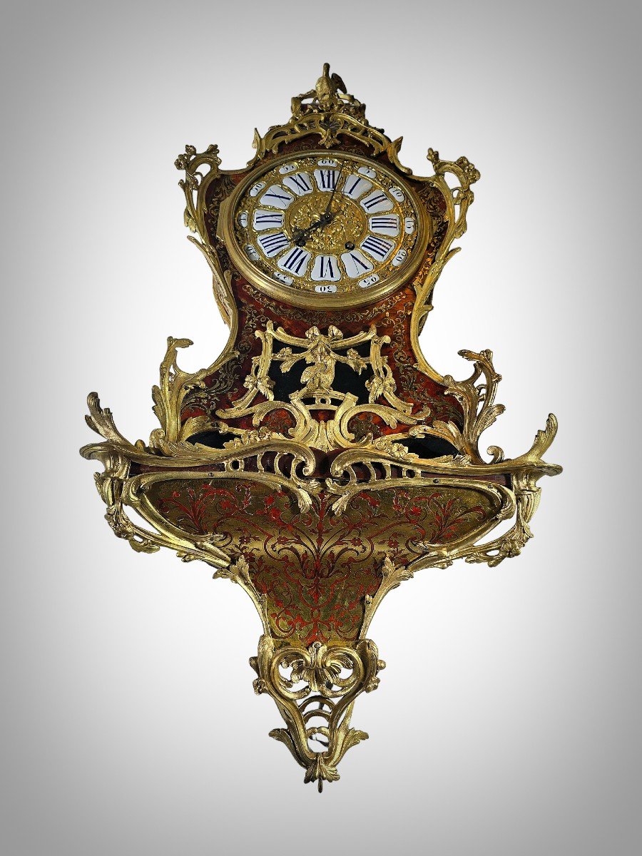  Magnificent Cartel Wall Clock In Boulle Marquetry From The 19th Century, 110 Cm High-photo-5