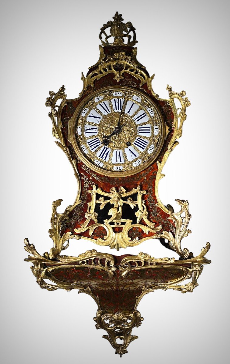  Magnificent Cartel Wall Clock In Boulle Marquetry From The 19th Century, 110 Cm High