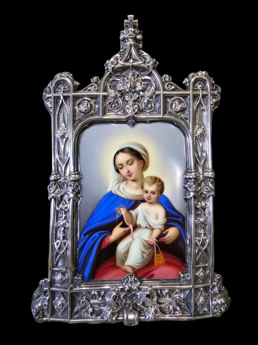 Devotional Plaque To The Virgin And Child In Enamel And Silver Mount. France, Follow. 19th B-photo-2