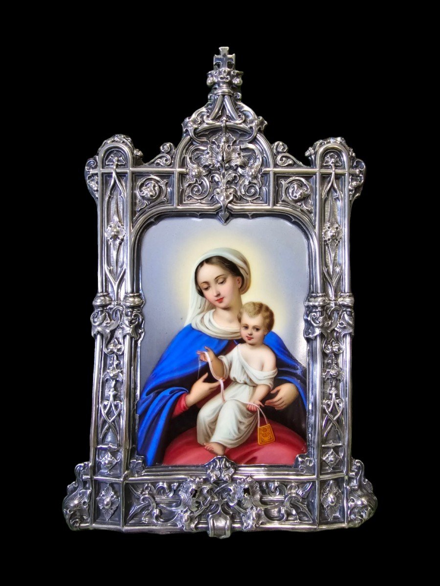 Devotional Plaque To The Virgin And Child In Enamel And Silver Mount. France, Follow. 19th B-photo-1