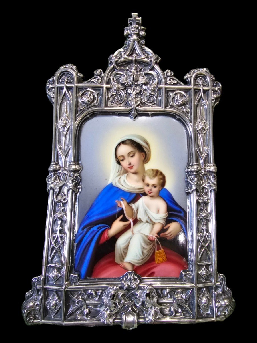 Devotional Plaque To The Virgin And Child In Enamel And Silver Mount. France, Follow. 19th B-photo-2