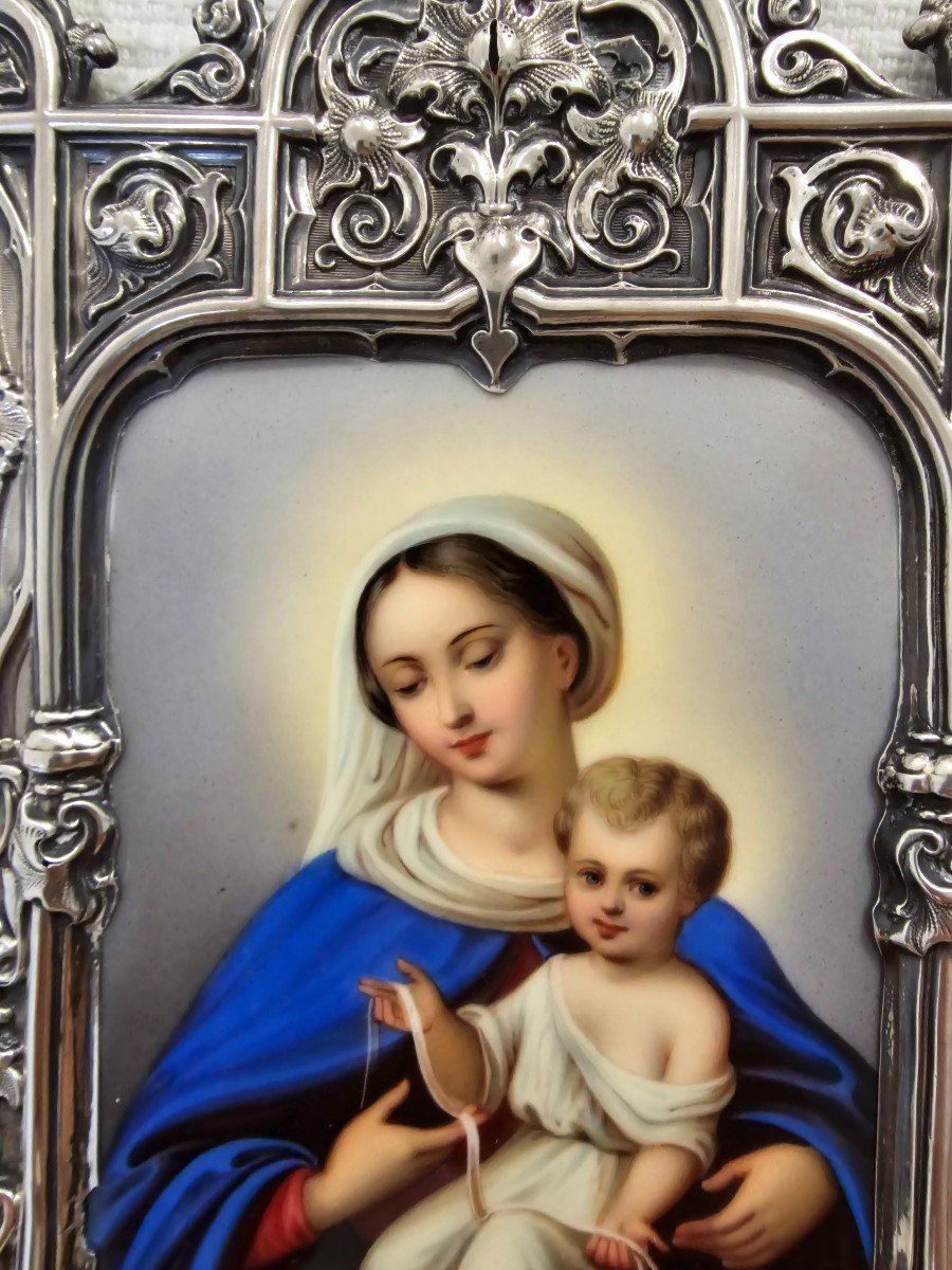 Devotional Plaque To The Virgin And Child In Enamel And Silver Mount. France, Follow. 19th B-photo-4