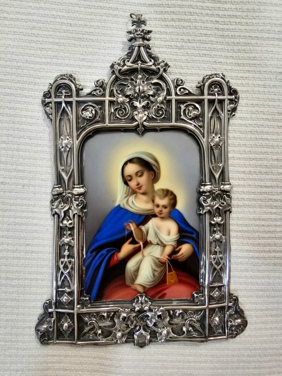 Devotional Plaque To The Virgin And Child In Enamel And Silver Mount. France, Follow. 19th B-photo-5