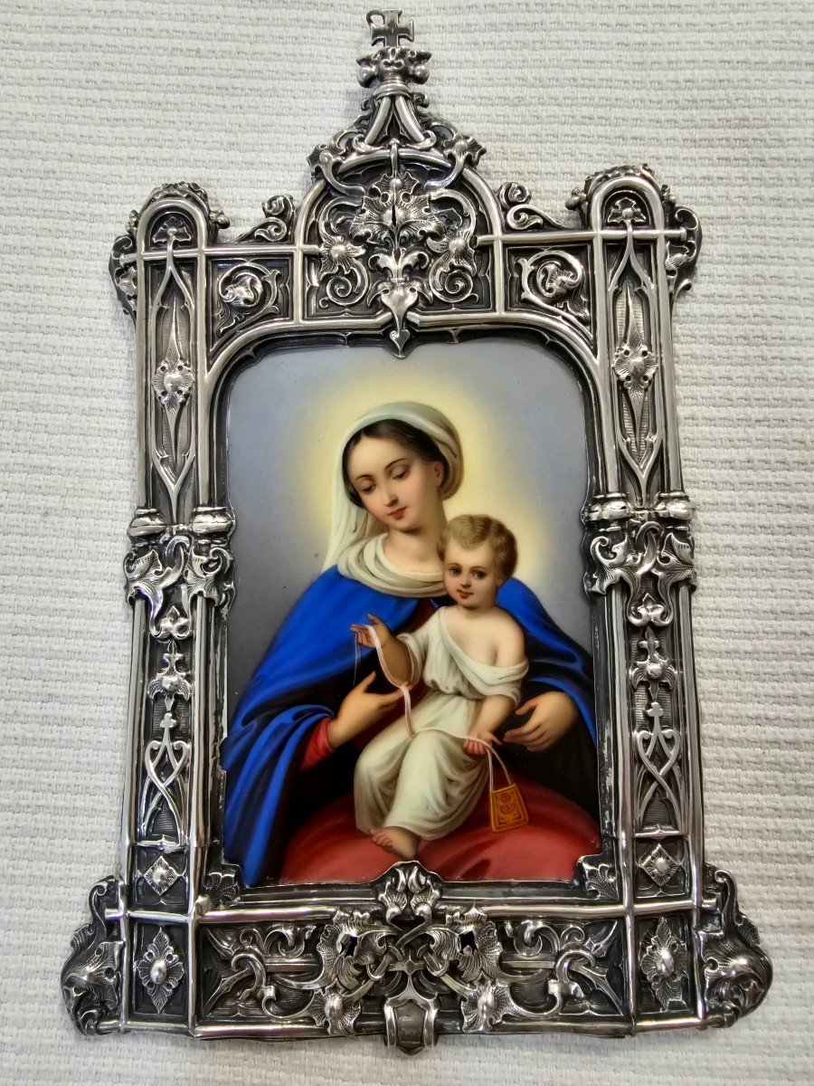 Devotional Plaque To The Virgin And Child In Enamel And Silver Mount. France, Follow. 19th B-photo-8
