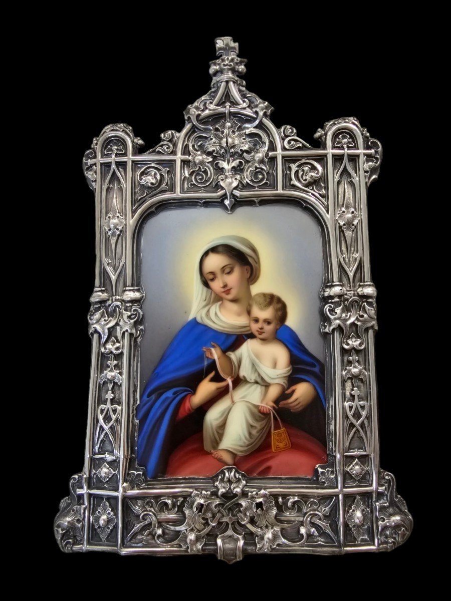 Devotional Plaque To The Virgin And Child In Enamel And Silver Mount. France, Follow. 19th B