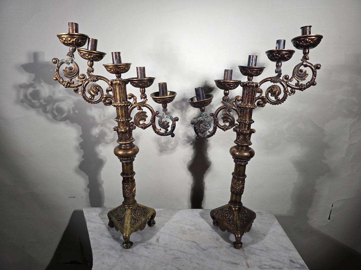 Pair Of Religious Bronze Candelabra From The 18th Century-photo-2