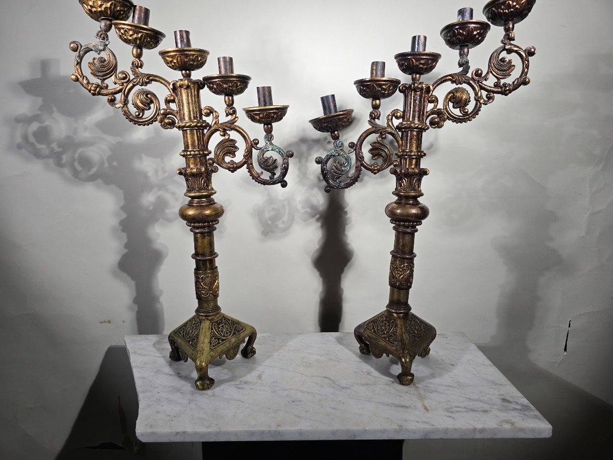 Pair Of Religious Bronze Candelabra From The 18th Century-photo-3