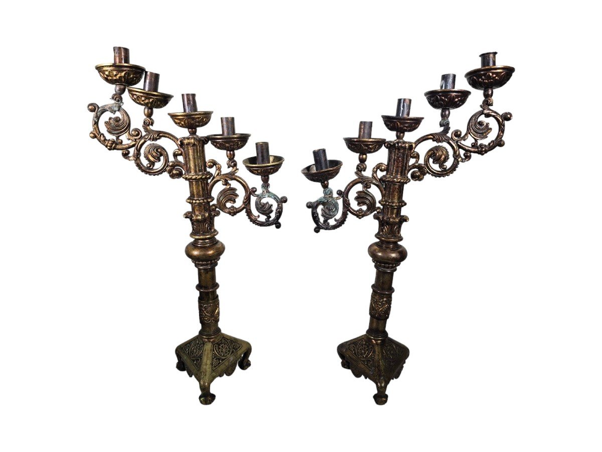 Pair Of Religious Bronze Candelabra From The 18th Century-photo-4