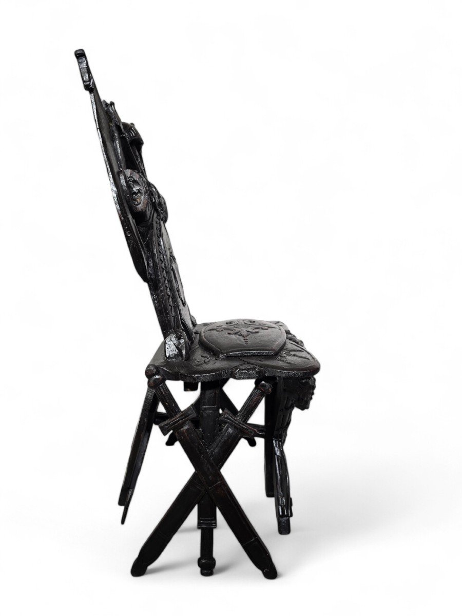 Chaise Trophée Militaire Grand Tour En Bois ébène Sculpté-photo-2