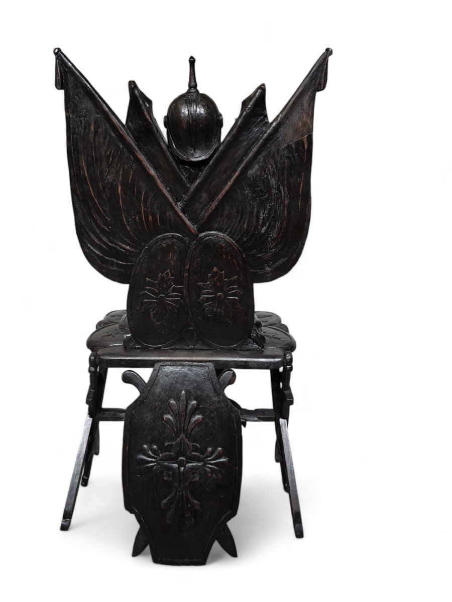 Chaise Trophée Militaire Grand Tour En Bois ébène Sculpté-photo-2