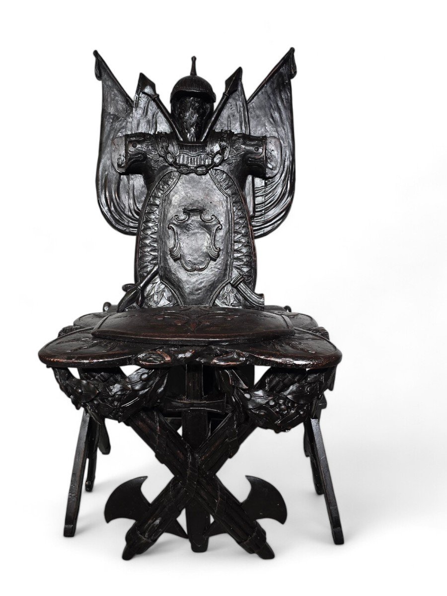 Chaise Trophée Militaire Grand Tour En Bois ébène Sculpté-photo-7