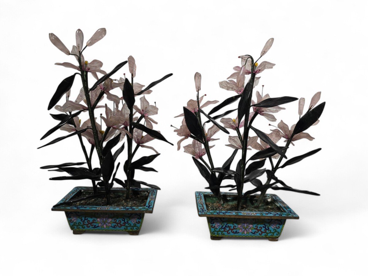  Pair Of 20th Century Bonsai Trees In Agate, Crystal And Nephrite Jade-photo-4