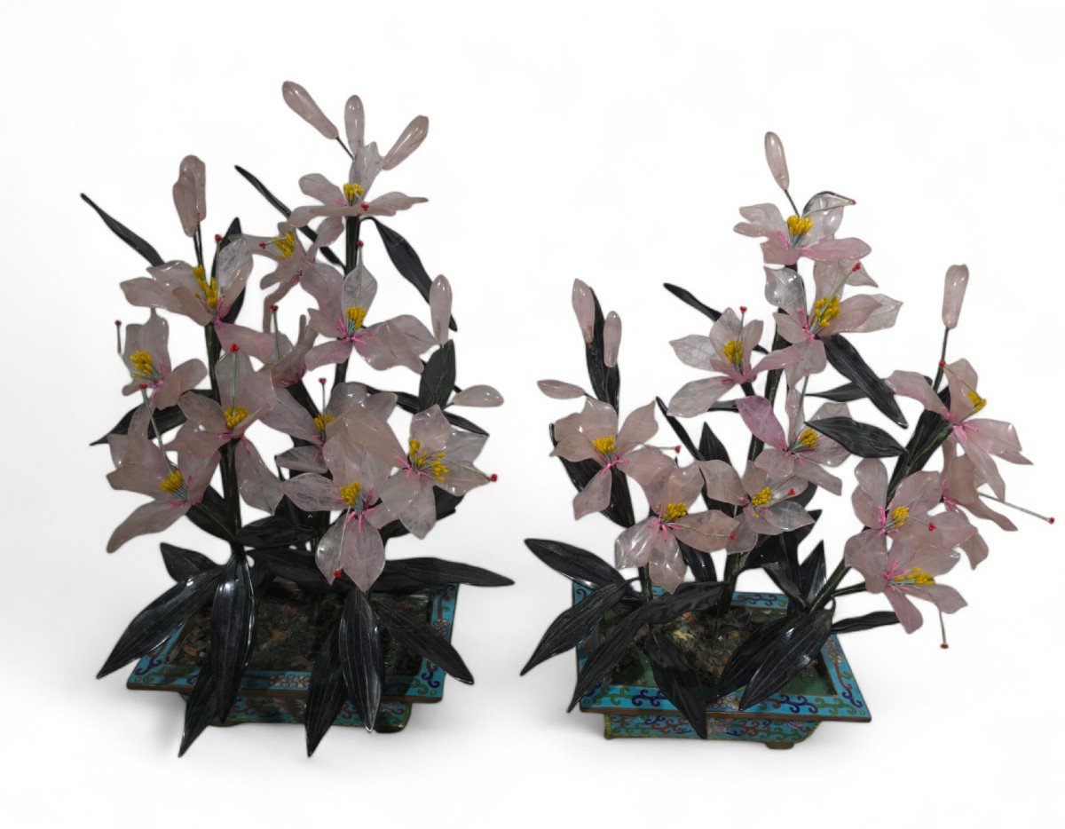  Pair Of 20th Century Bonsai Trees In Agate, Crystal And Nephrite Jade-photo-7