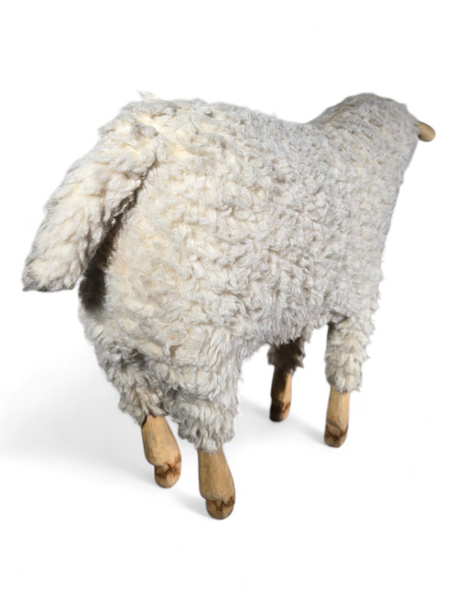 1950s Decorative Wooden Sheep Sculpture With Natural Wool-photo-3