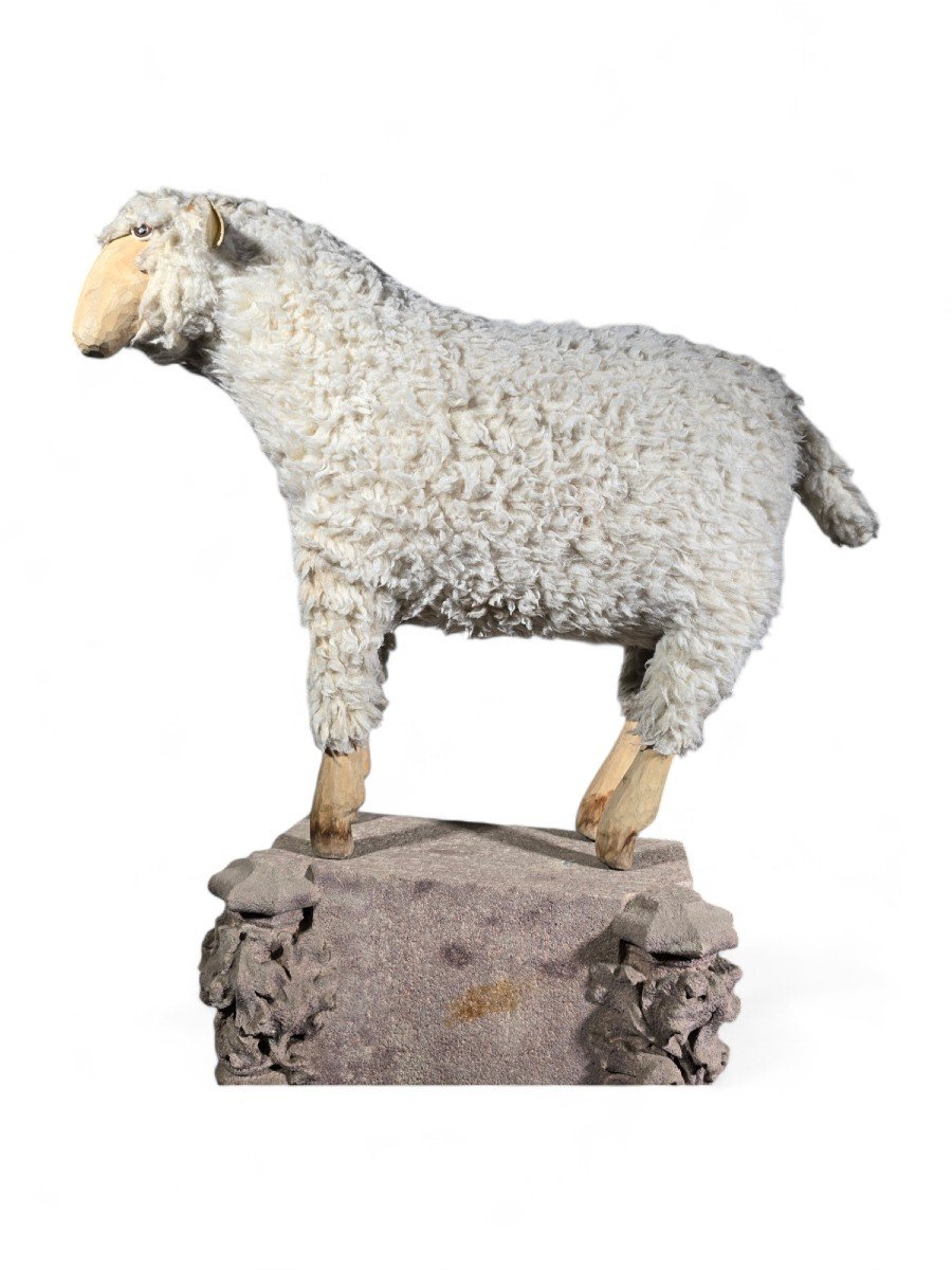 1950s Decorative Wooden Sheep Sculpture With Natural Wool-photo-2