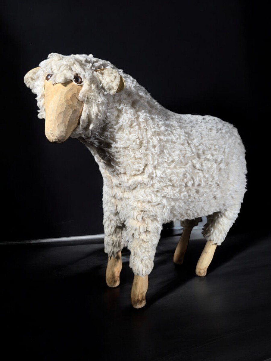 1950s Decorative Wooden Sheep Sculpture With Natural Wool-photo-3