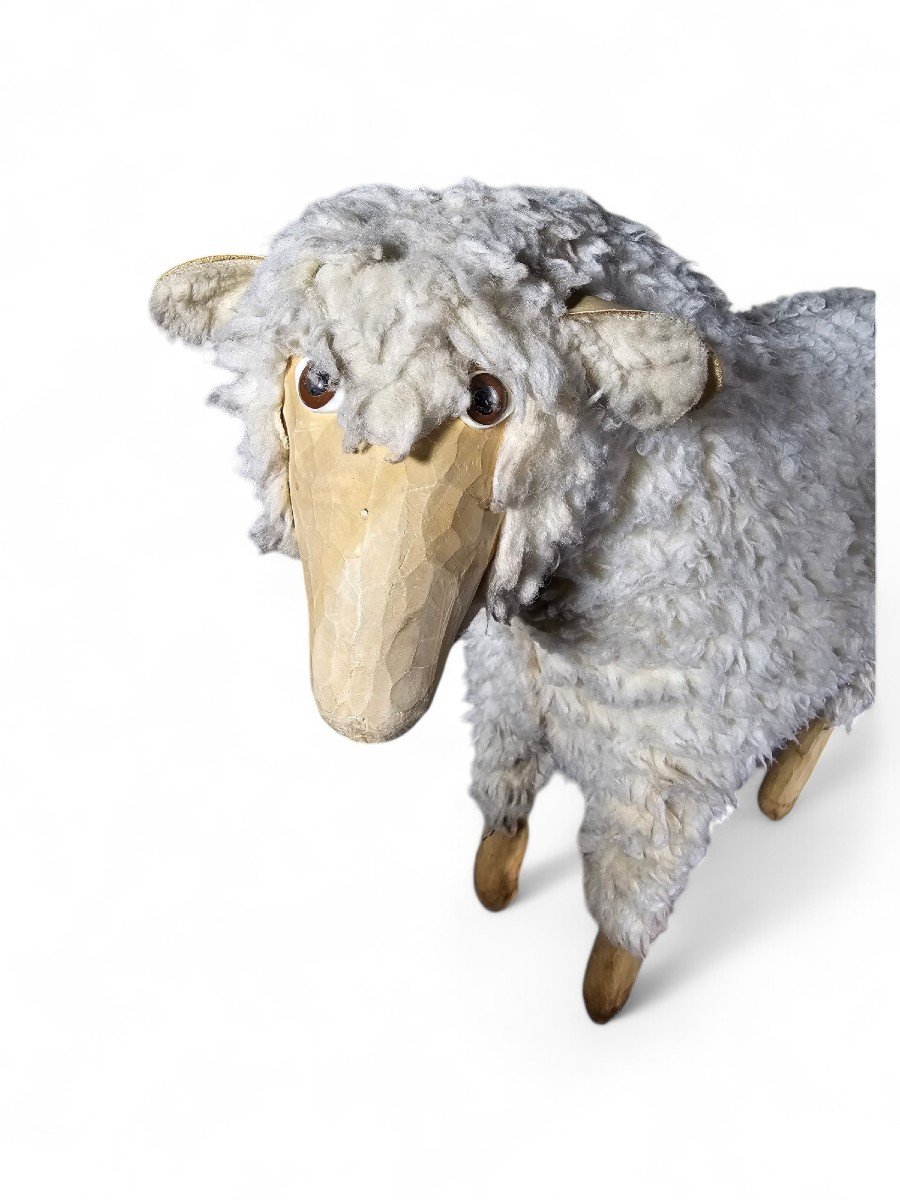 1950s Decorative Wooden Sheep Sculpture With Natural Wool-photo-4