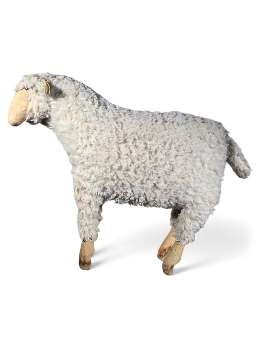 1950s Decorative Wooden Sheep Sculpture With Natural Wool-photo-5