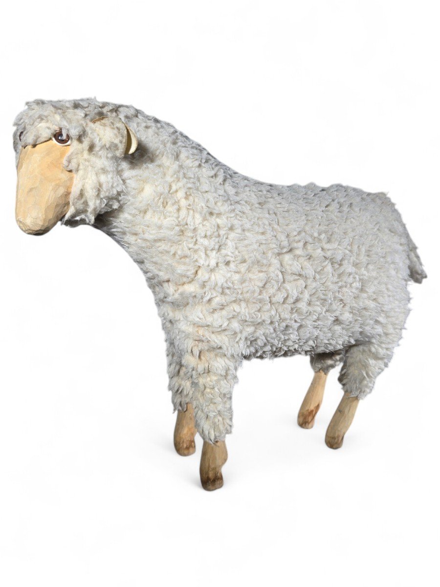 1950s Decorative Wooden Sheep Sculpture With Natural Wool-photo-7